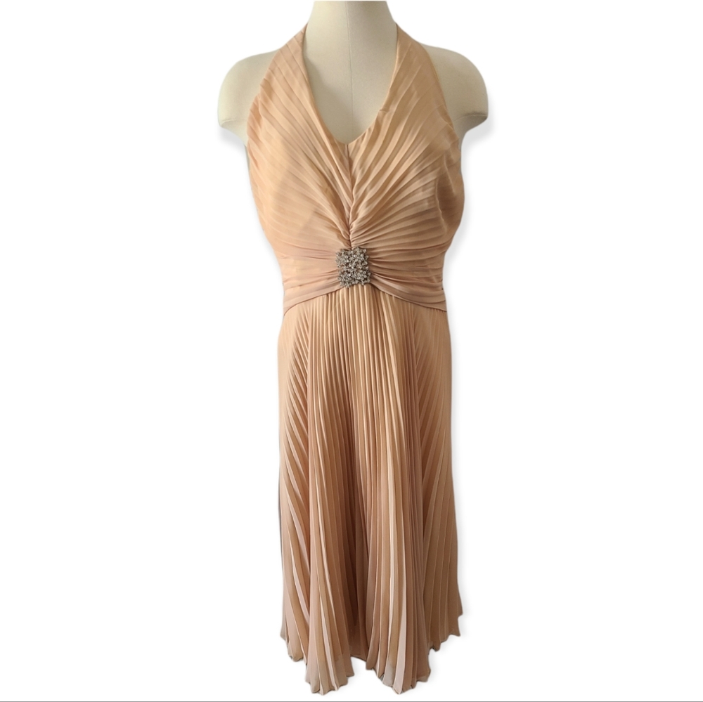 🤎Tan Aspeed pleated haltered vneck dress